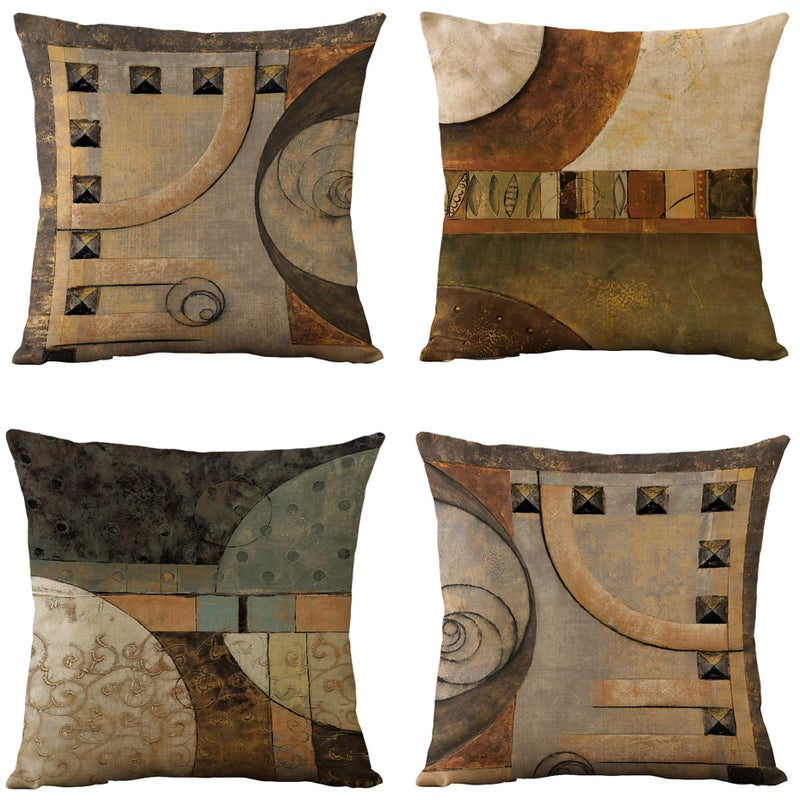 WOMHOPE Set of 4 Vintage Geometric Decorative Throw Pillow Covers Pillow Cases Cushion Cases 18 x 18 Inch for Living Room,Couch and Bed (Brown) - Image 1